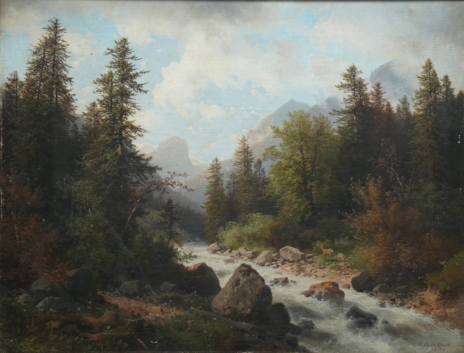 Oil painting Carl Hasch Vienna 1892 mountain landscape with torrent 58 x 45 cm 1st AIO
