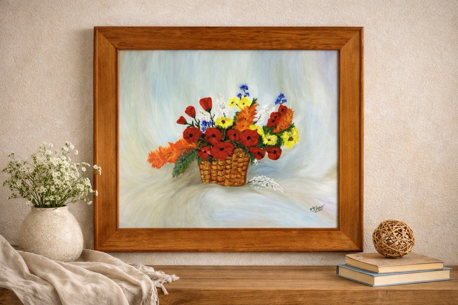 Original Still Life Oil Painting Colorful Flowers In Basket Signed Shaw 2004