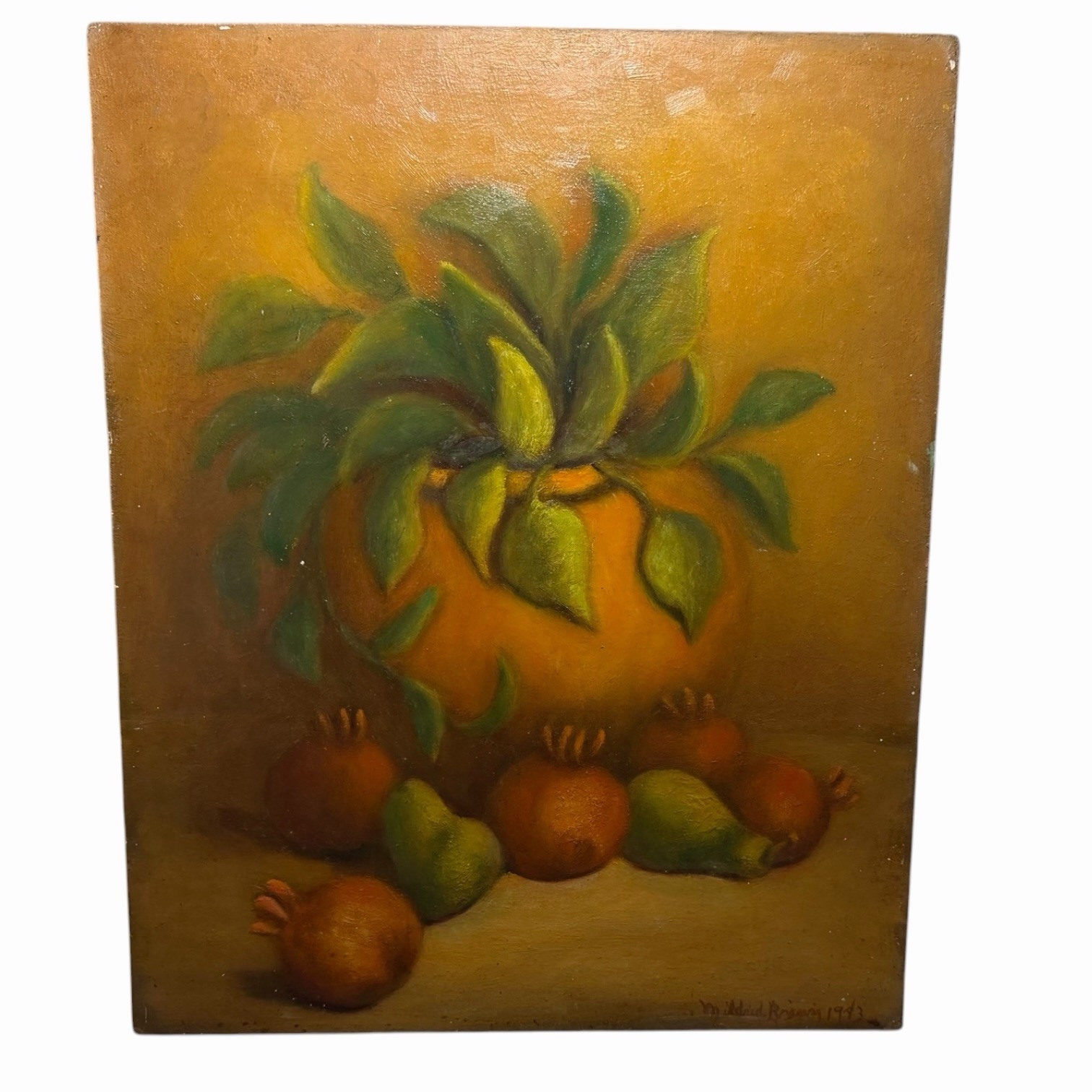 Vintage Signed Oil Painting Still Life Pears Pomegranates 1983