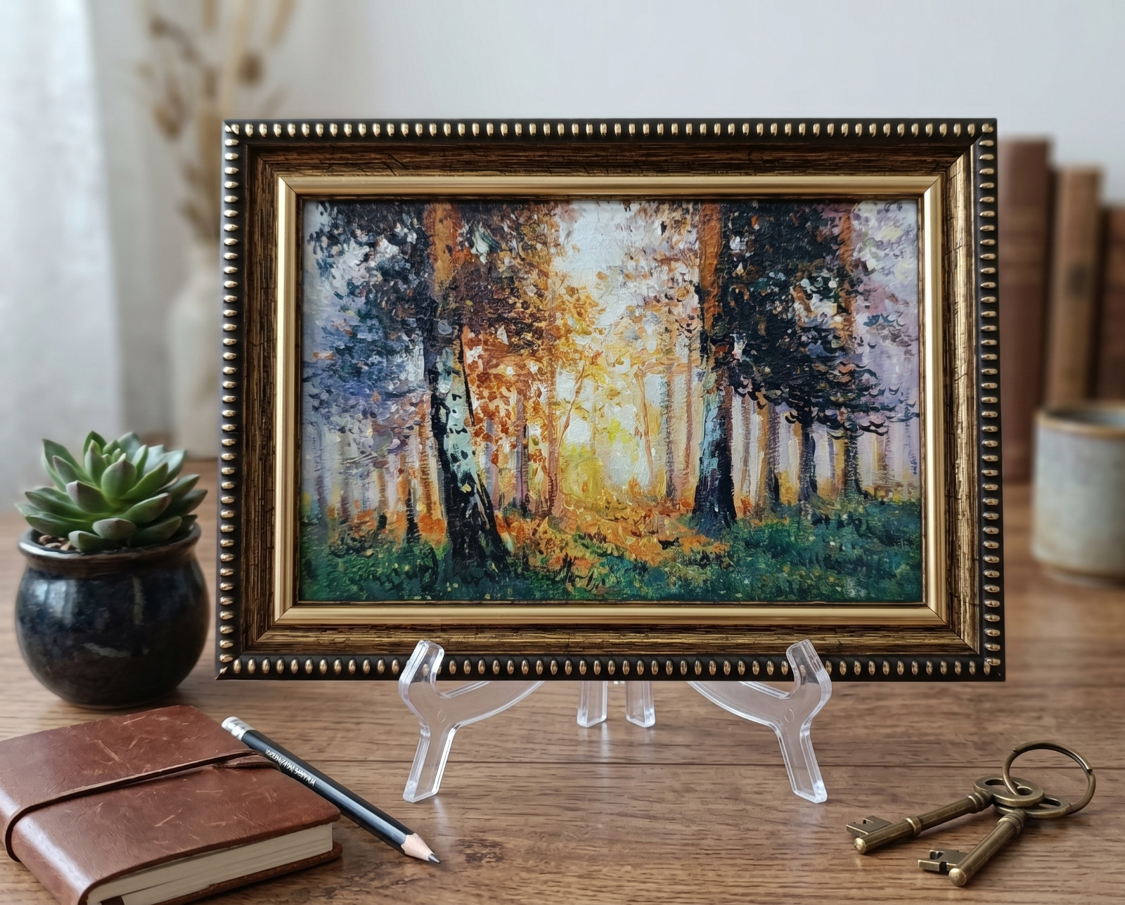 Forest Landscape Original Oil Painting 6×4 Framed Signed Autumn Woods Sunray Art