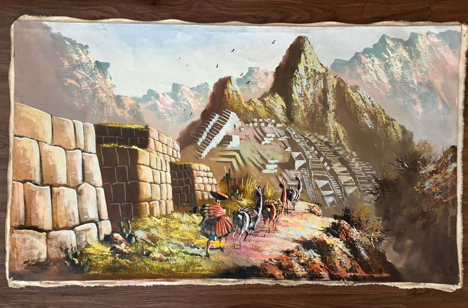 MACHU PICCHU EDMUNDO M PERUVIAN ARTIST OIL ON CANVAS PERUVIAN VILLAGE UNFRAMED