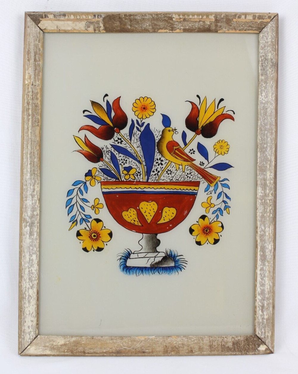 Vintage Reverse Glass Bird and Flower Urn Painting – Tulips, Old Wood Frame