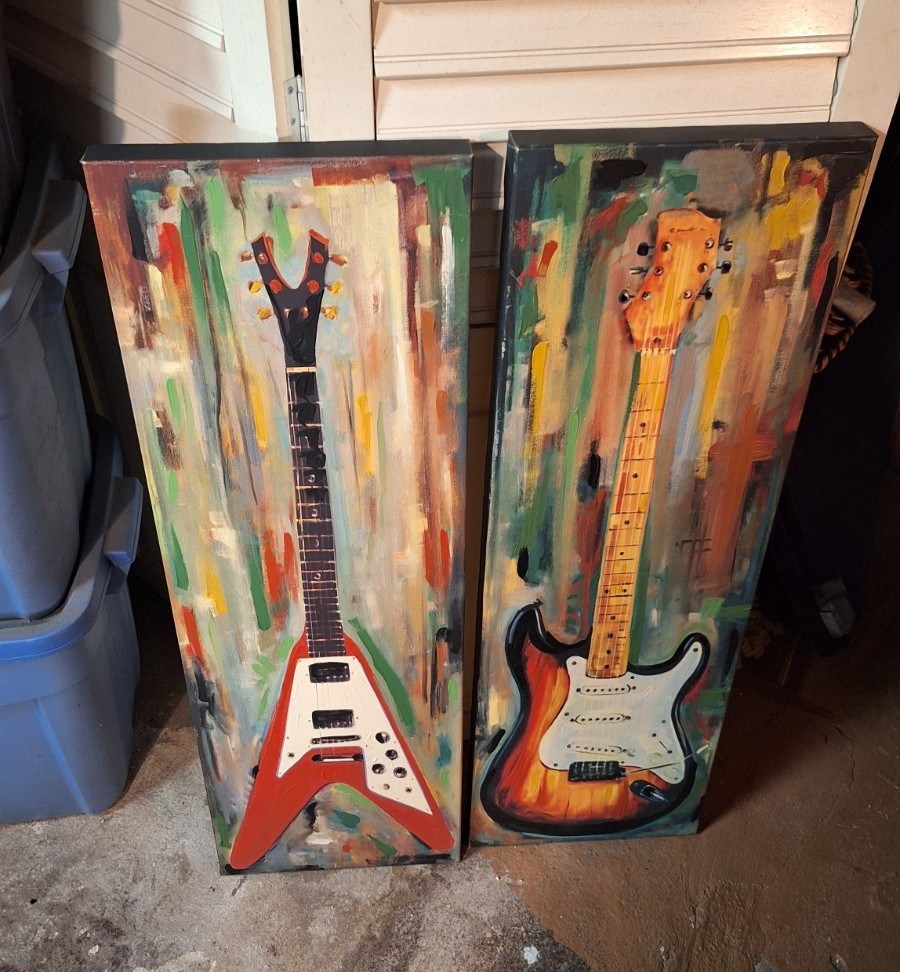 Guitar Paintings Jill Barton 2pc Set 12″x36″ Painting Man Cave Rock and Roll