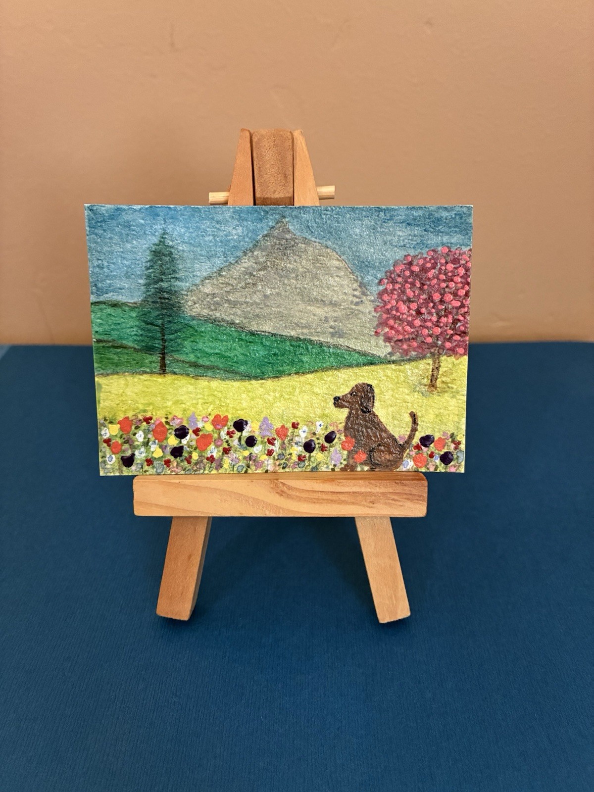 ACEO Original Mixed Media Painting 2.5 x 3.5 Pup In Blooms 4
