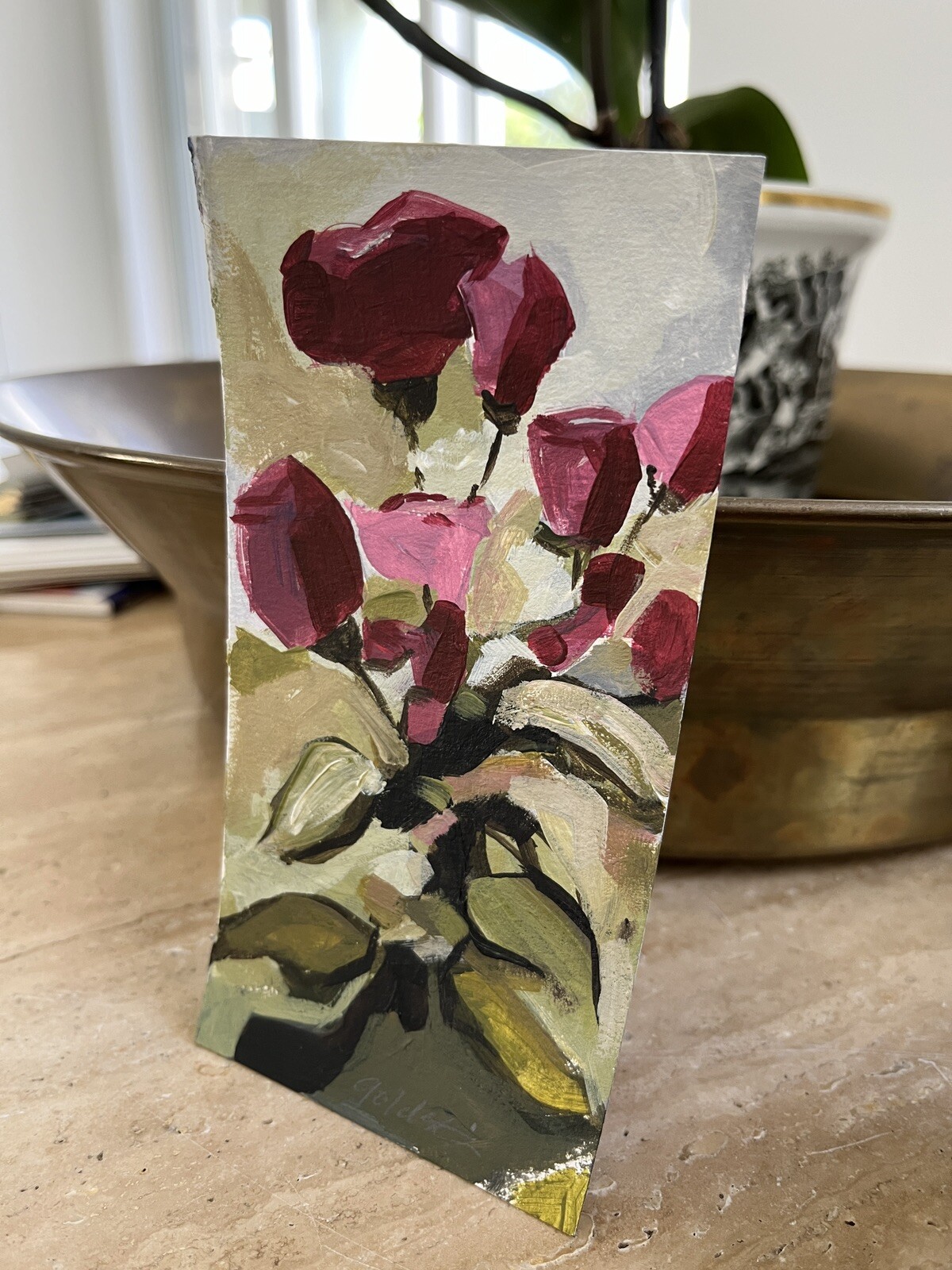 Original ACEO Art on Watercolor Paper Les Roses Tiny Acrylic Painting Signed