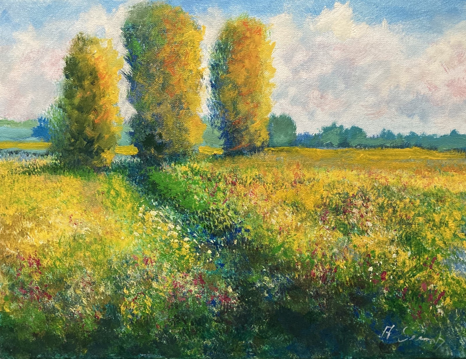 Wildflower Field and Trees – Acrylic Painting by A. Semberecki, 12×16
