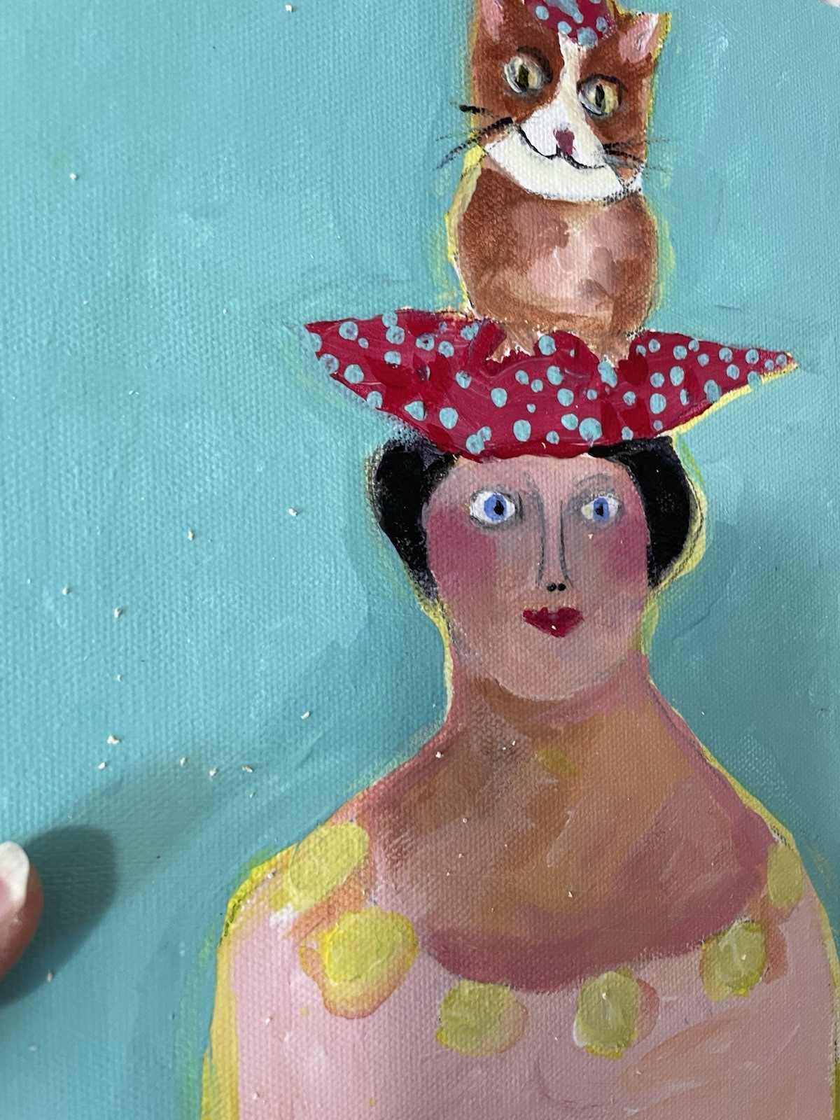 “Companions”Original Acrylic Painting 12”x 9”x1.5”on Canvas Lady &Cat Handmade