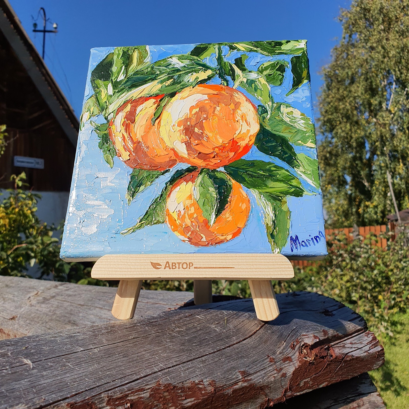 Orange Painting Tree Branch Original Art Citrus Fruit Still Life Small Vegetable