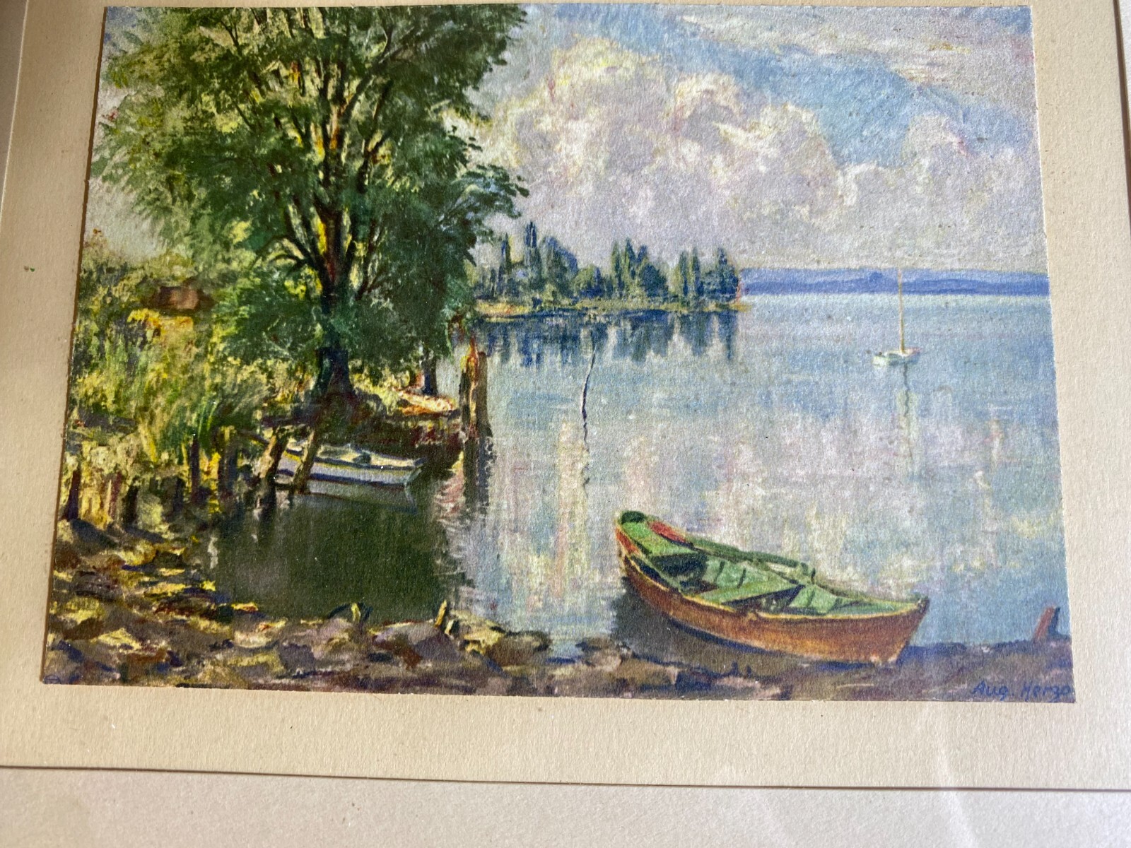August Herzog (1885 – 1959) «Lakeside Scene» Oil Painting – Signed/Framed