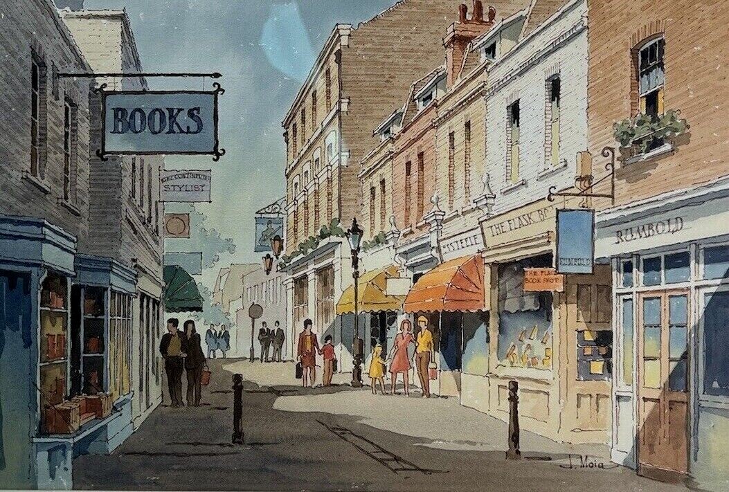 British United Kingdom Watercolor on paper Village High Street signed J. Moia.