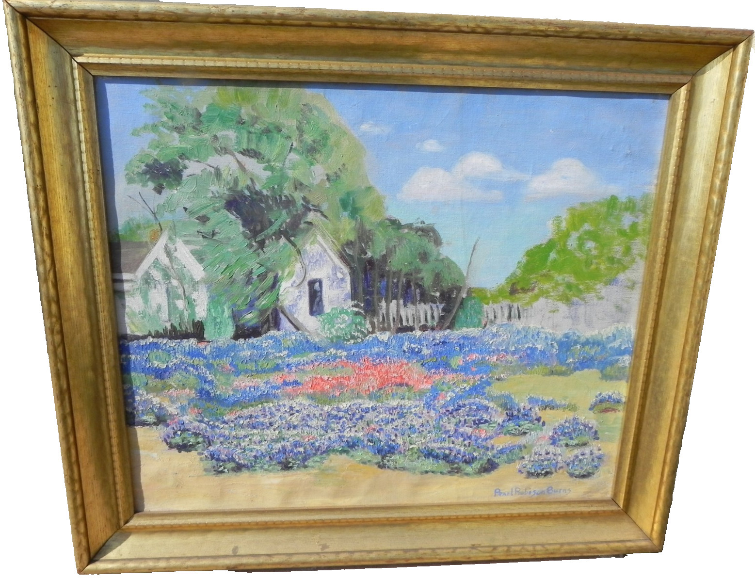 Texas art vintage painting bluebonnet landscape Pearl Robison Burns 1885-1958