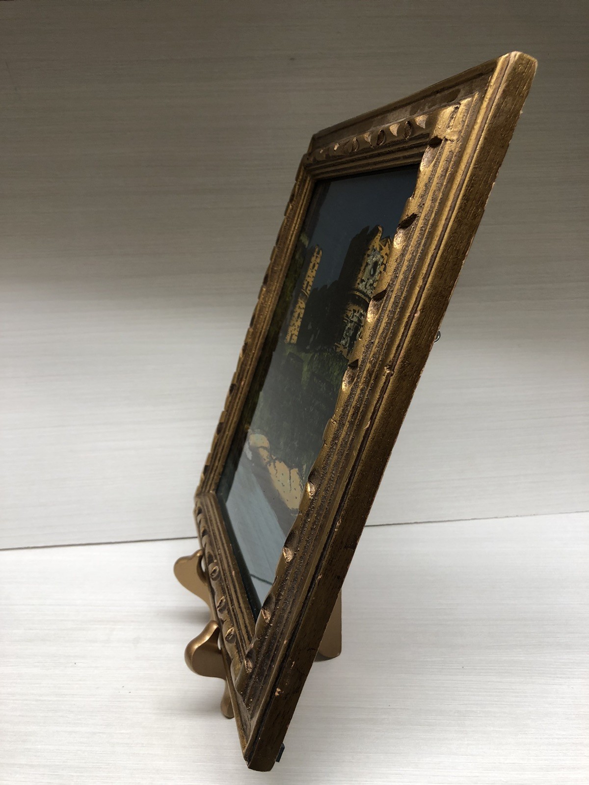 Unique VTG Castle Scene Reverse Painted On Glass With Abalone Shells Wood Frame