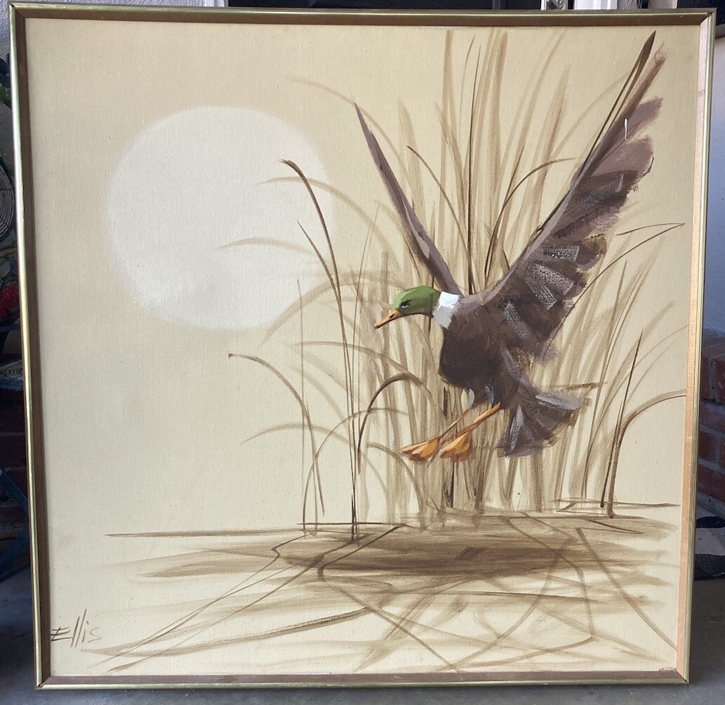 RARE Original Oil On Canvas Painting Artist Signed “ELLIS” Flying Mallard Duck