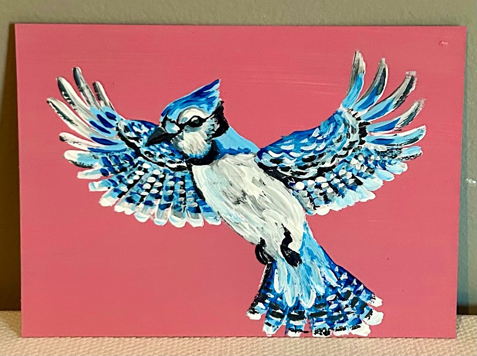 ACEO Original Acrylic Painting by Annelisek.art BlueJay Bird Flying 2.5 X 3.5in