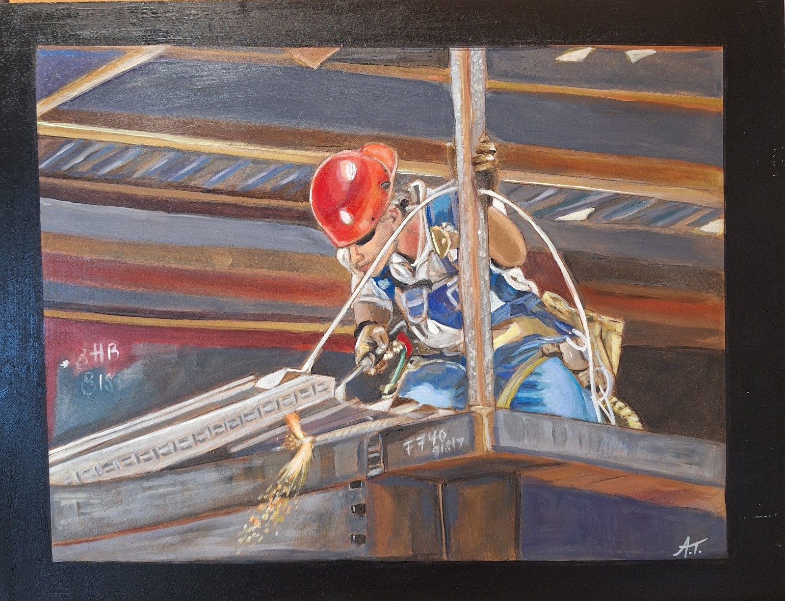 Original Impressionist 11×14 Bold Acrylic Construction Worker Signed MDF Board