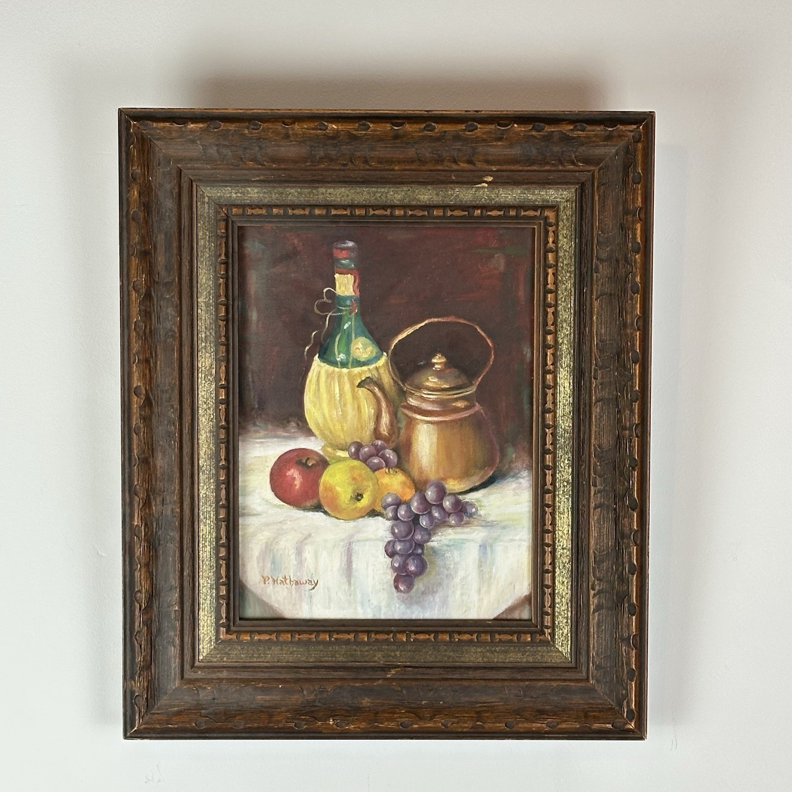 Vtg Original Still Life Oil Painting Wine Fruit Solid Wood Frame 15”x18” SIGNED