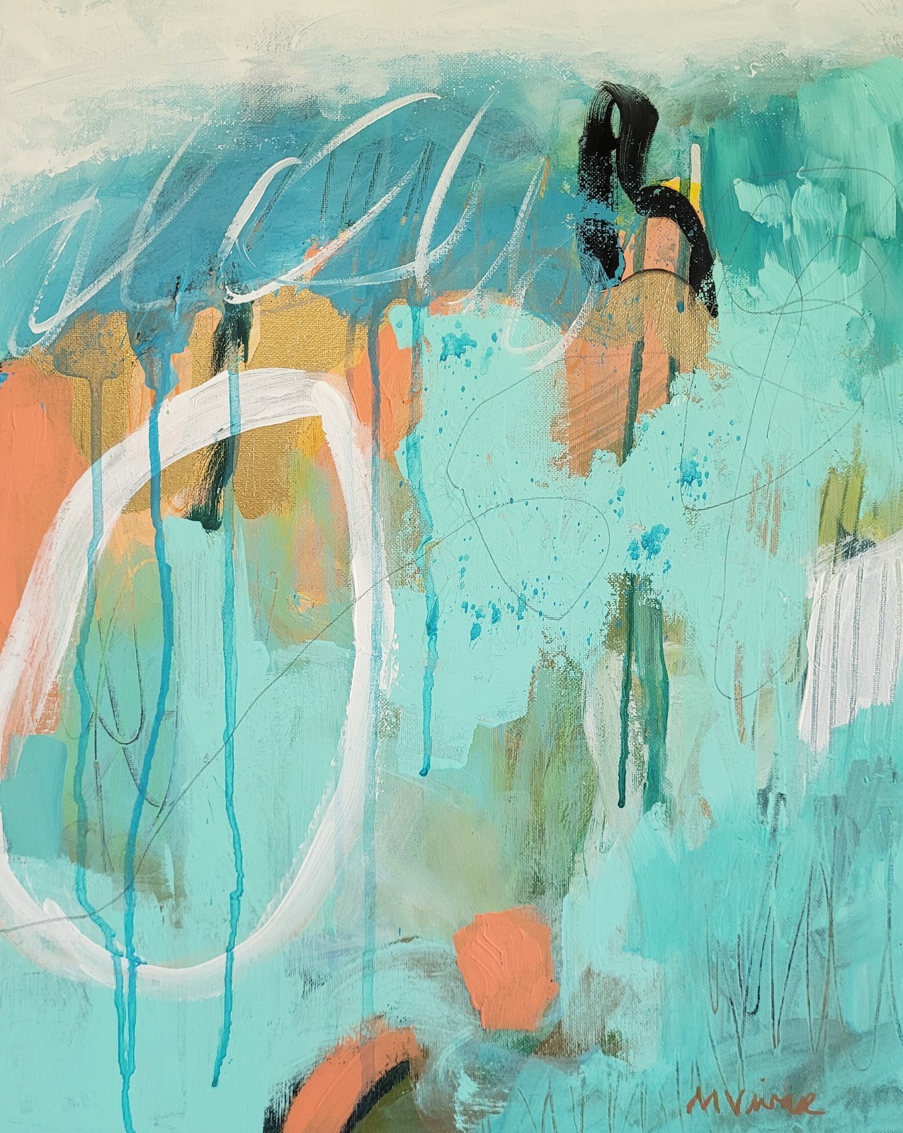 Mona Vivar original abstract turquoise ocean modern art painting 20×16