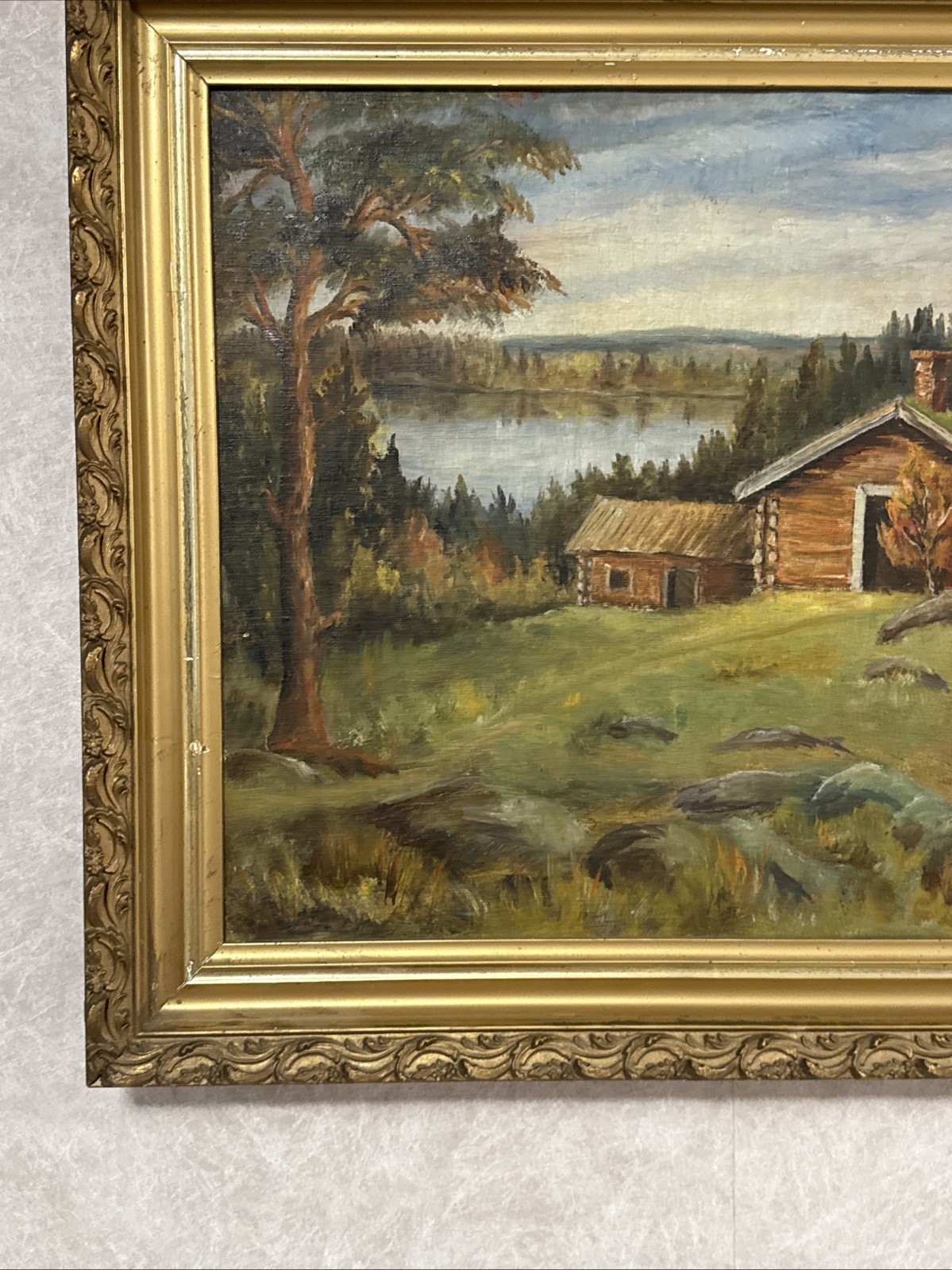 Vintage Swedish Landscape Oil Painting by E. Hallstrom on Canvas 1952