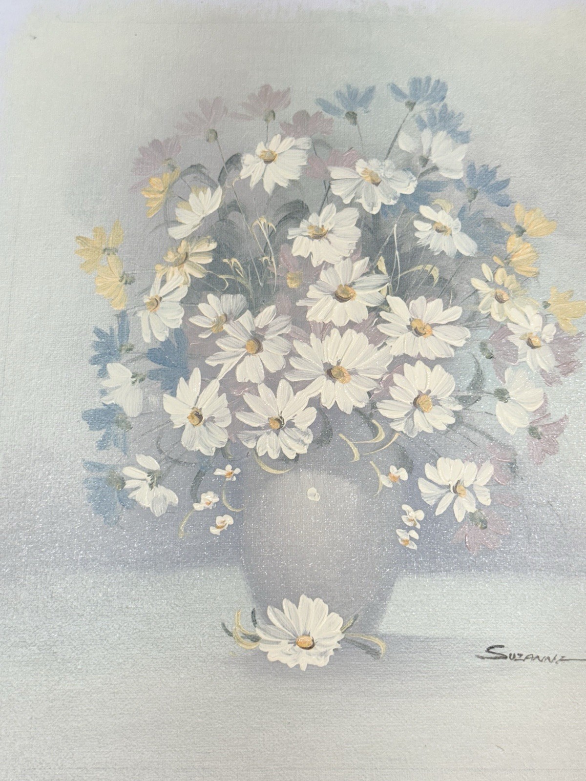 Still Floral Grey White Daisy In Pot Painting On Canvas 11.5×13.75 8×10 80s