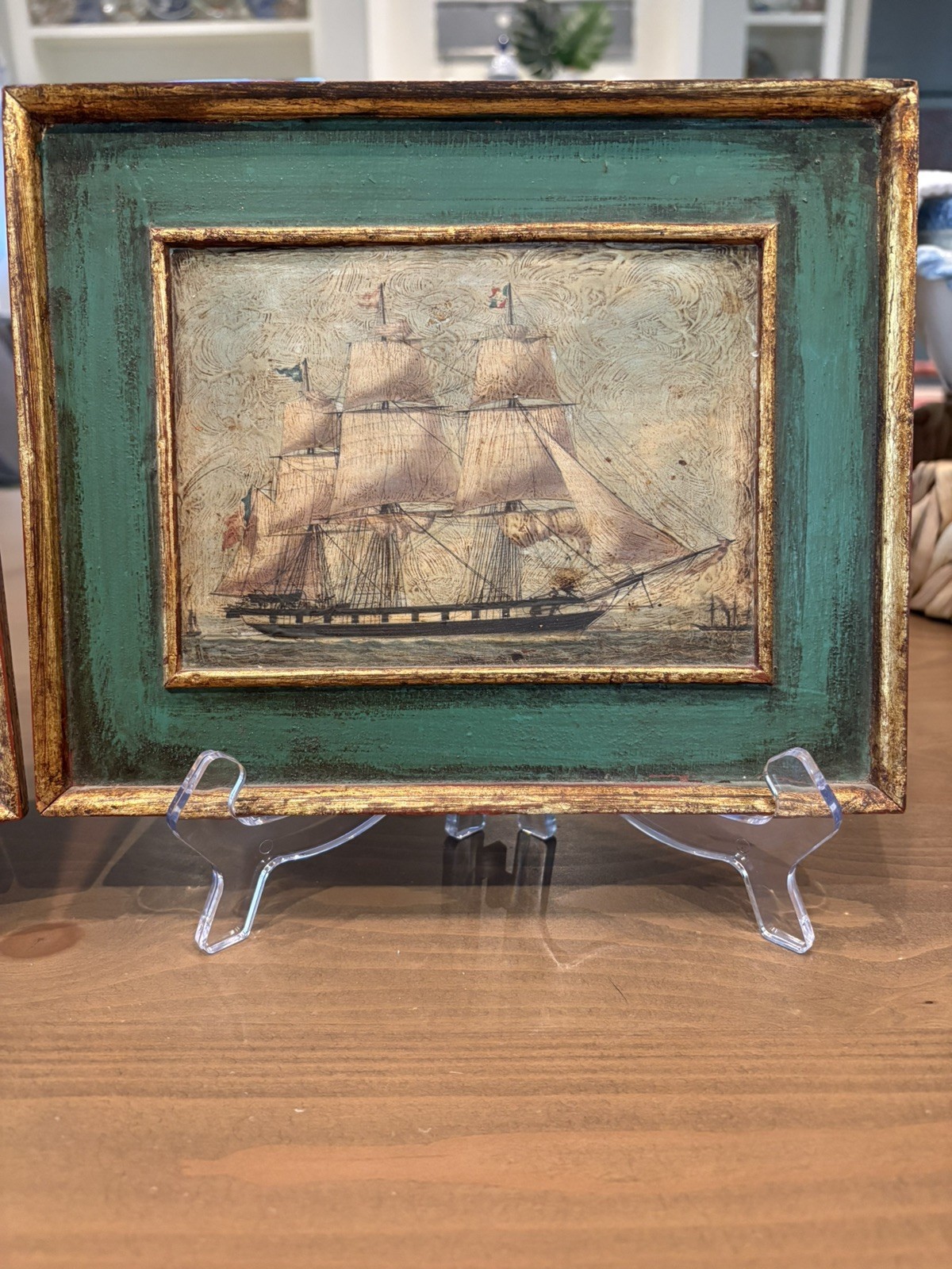 Pair Vintage 19th C. Paintings 3 Masted Clipper Tall Ships Painted on Board