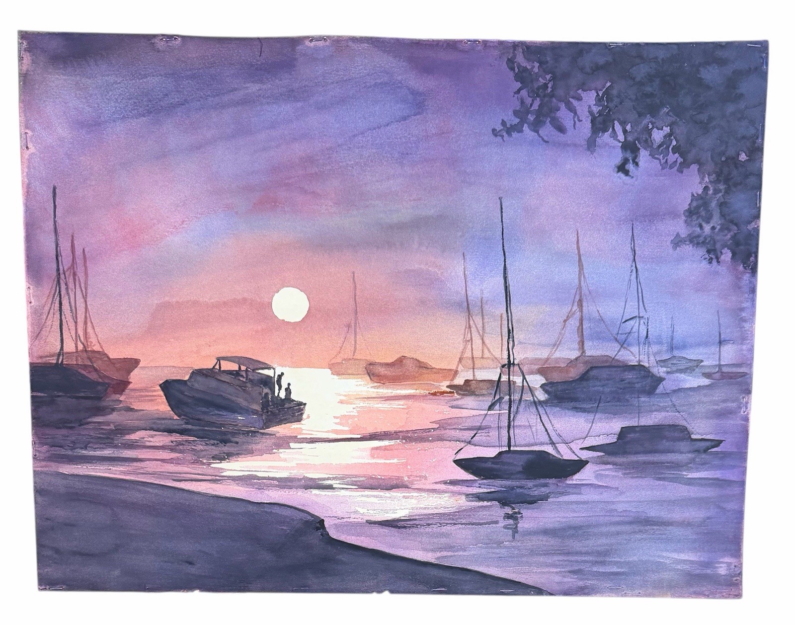 Original Vintage Watercolor Harbor Sunset Boats Seascape Painting Purple Sky