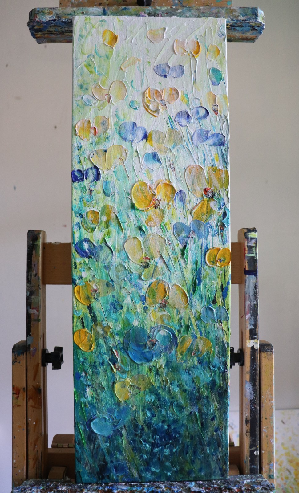 Original Textured Wildflower Painting 8×24 Floral Canvas Art Blue Yellow Flowers