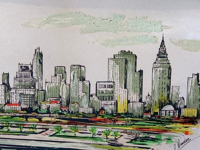 Mid-Century NYC United Nations J. Windsor Signed Embellished Silkscreen Board