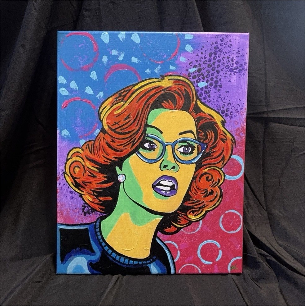 Pop Art Acrylic Canvas Portrait Painting, Woman, Red Hair, Glasses, Purple Blue