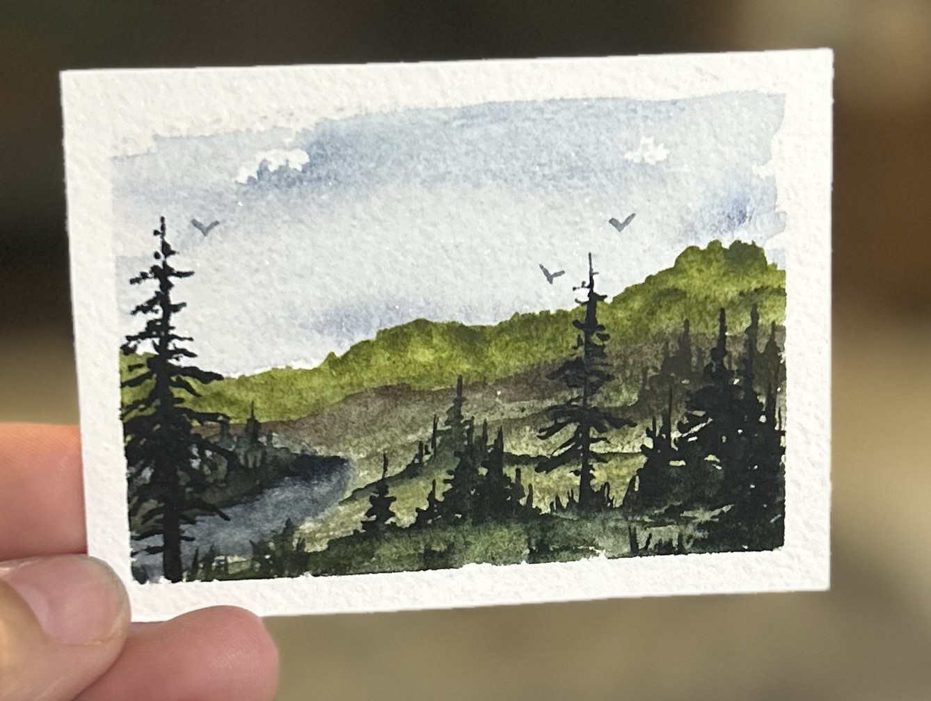 ACEO Old Farm By River, Watercolor Landscape Painting By Sasha Lehto