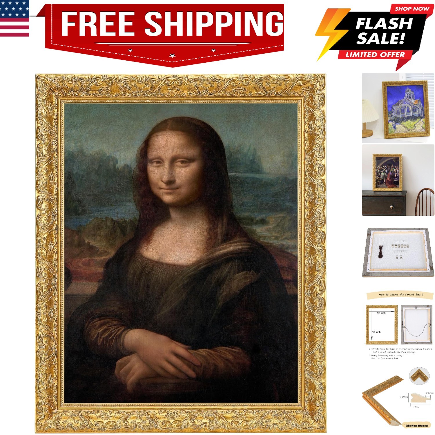 Wood Canvas Frame for 12″x16″Paintings,Antique Gold Ornate Frames for Oil Art…