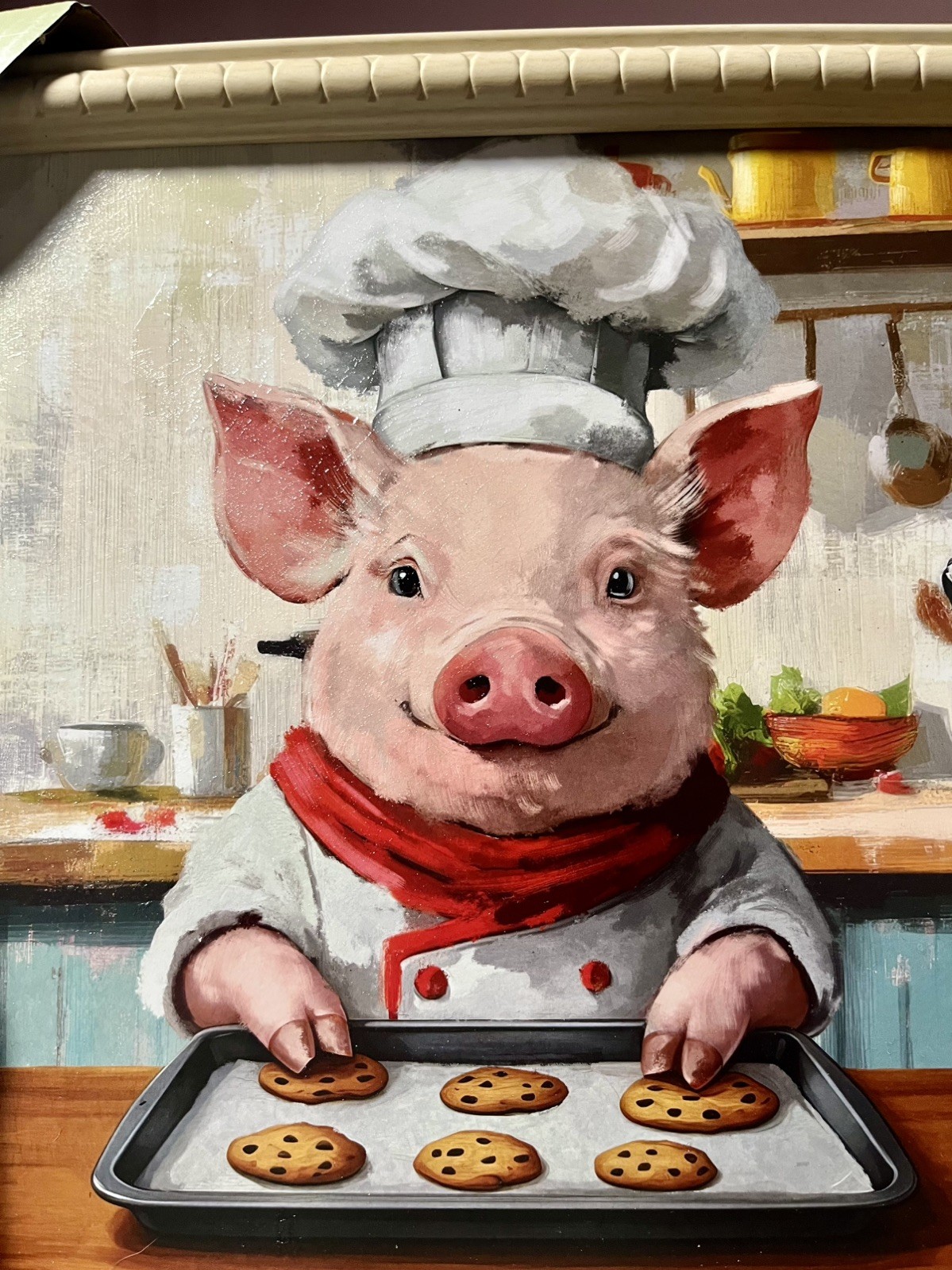 Framed Modern Canvas Painting Pig Chef Baking Cookies in Kitchen Small Art