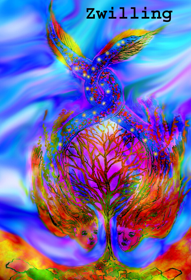 Zodiac Sign «Twin» RAINBOW STYLE Aceo Print 9 x 6.4 cm 21.5.-21.6.