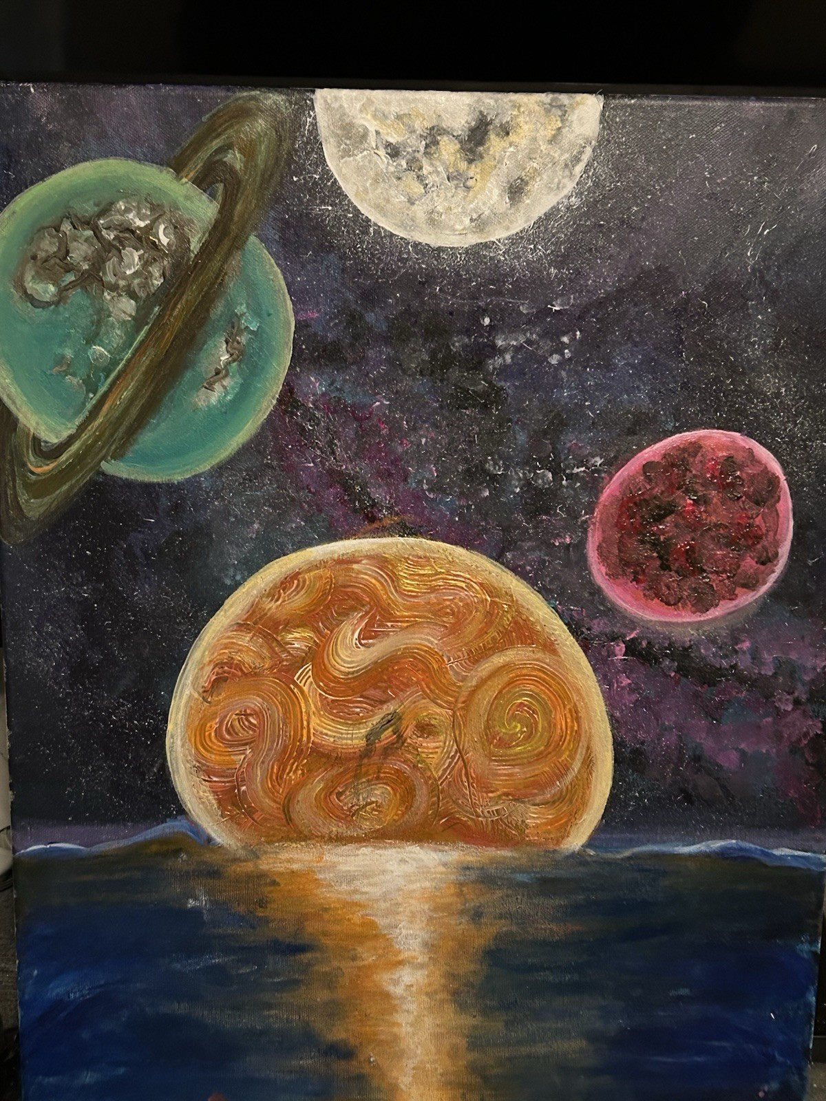 Hand Painted Galaxy W Acrylic Mix In Canvas. (artist Signed) Planets Other World