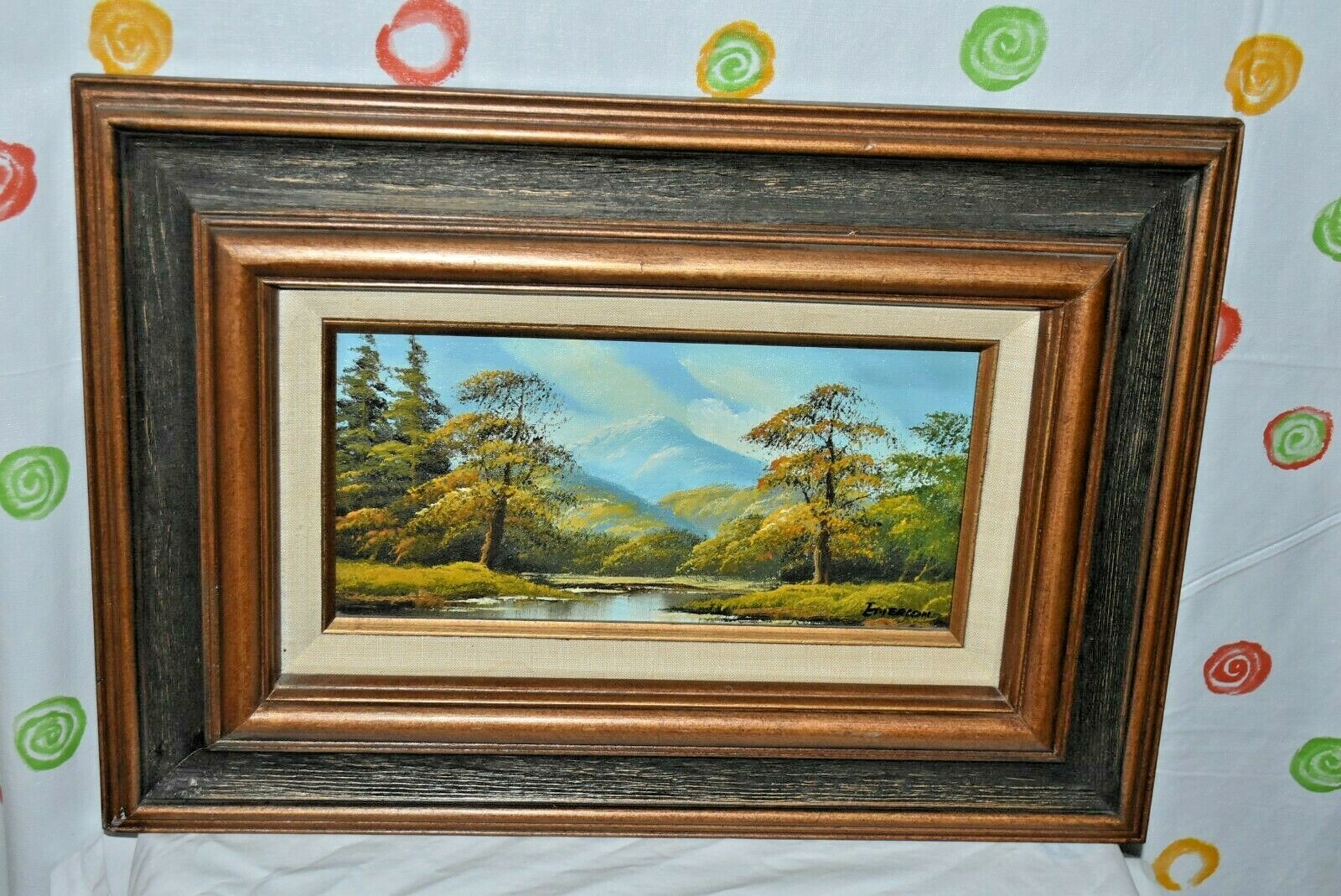 Vintage Original FRAMED 20″ x 14.5″ PAINTING Autumn in Mountains River SIGNED
