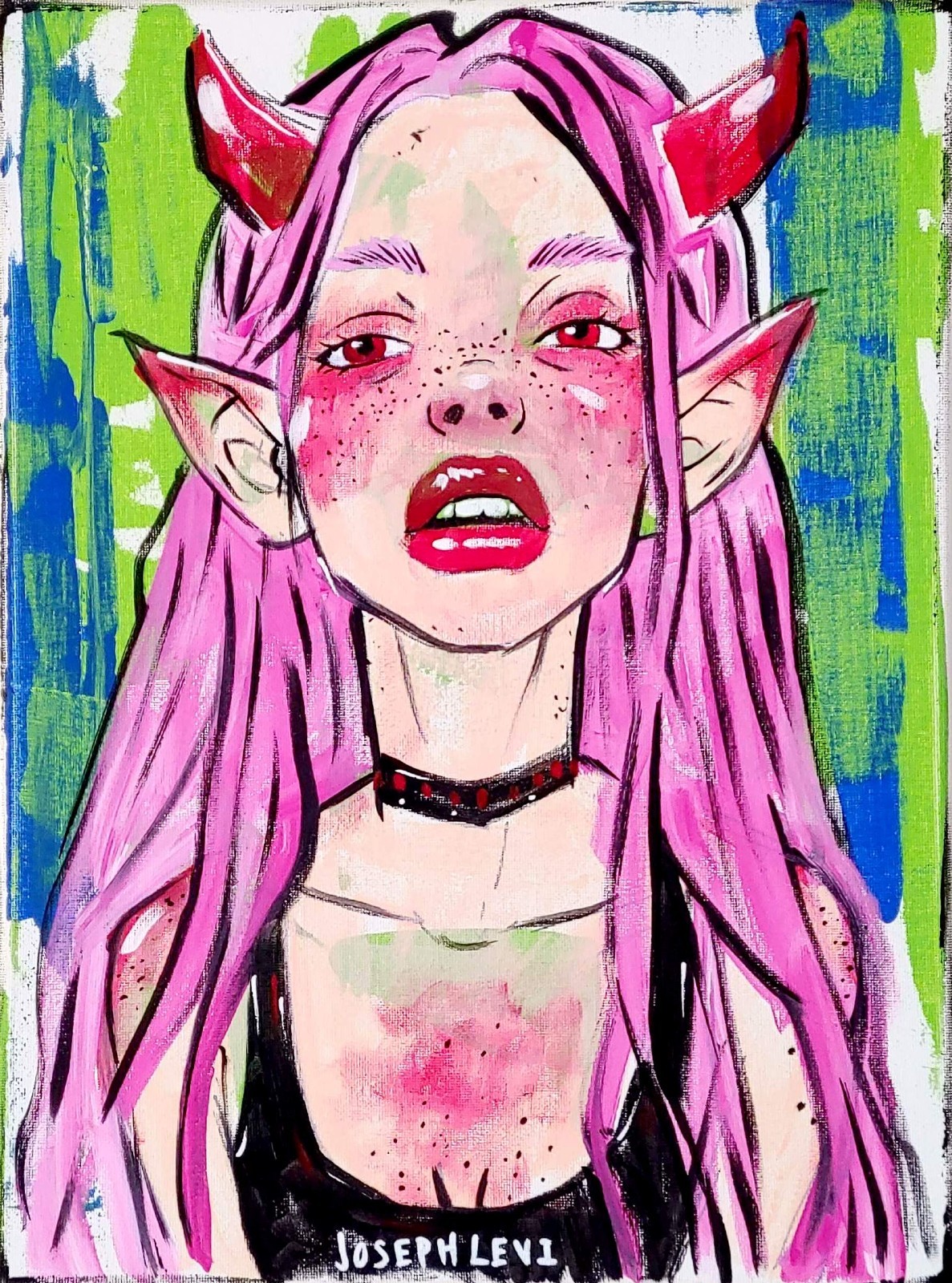 Multicolor Figurative Demon Woman 12×16 Hand Painted Wall Pop Art Acrylic Canvas