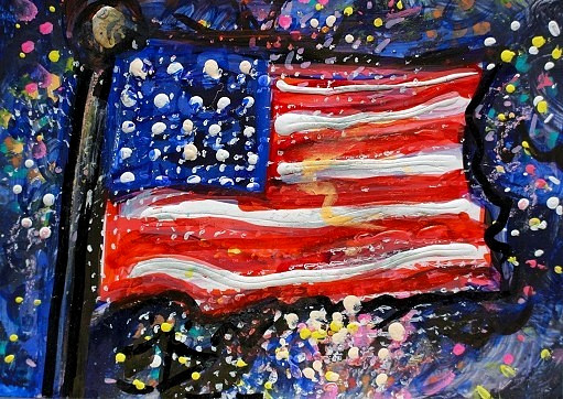 ACEO Original Painting USA FIREWORKS Summer Night American Flag July 4 ATC ART