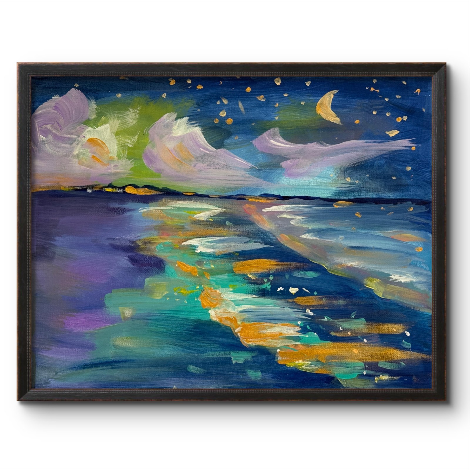 Gold Ocean Waves at Night 14X11 IMPRESSIONISM OCEAN ORIGINAL MODERN FINE ART