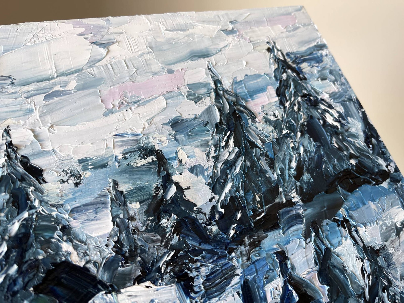 Foggy Mountain Abstract Original Impasto Oil Painting Pine Trees 10×14″ signed