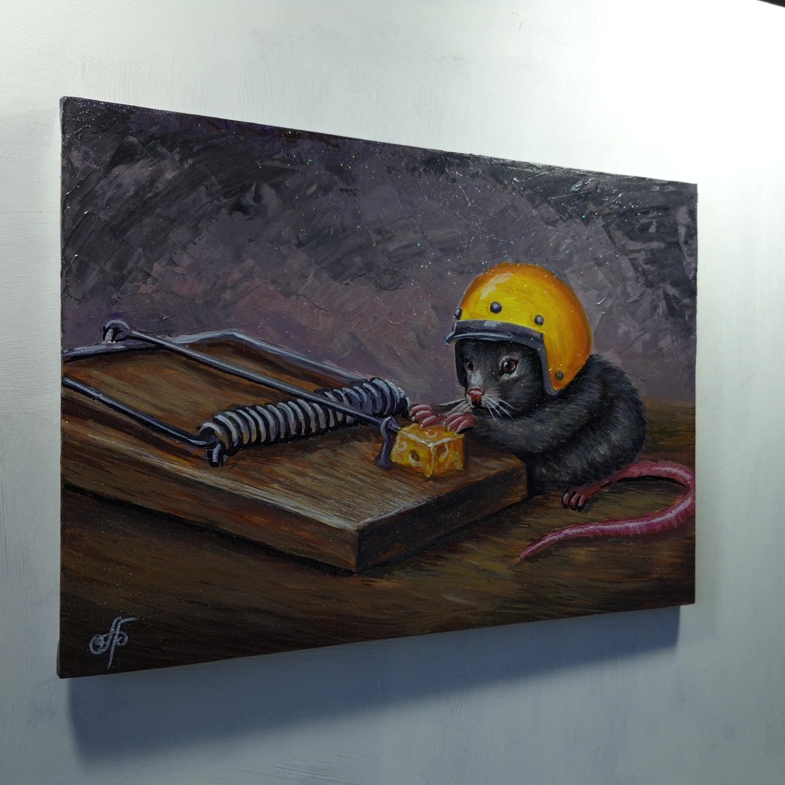 Original Acrylic Painting Mouse Yellow Helmet Cheese Trap Canvas Humor Wall Art