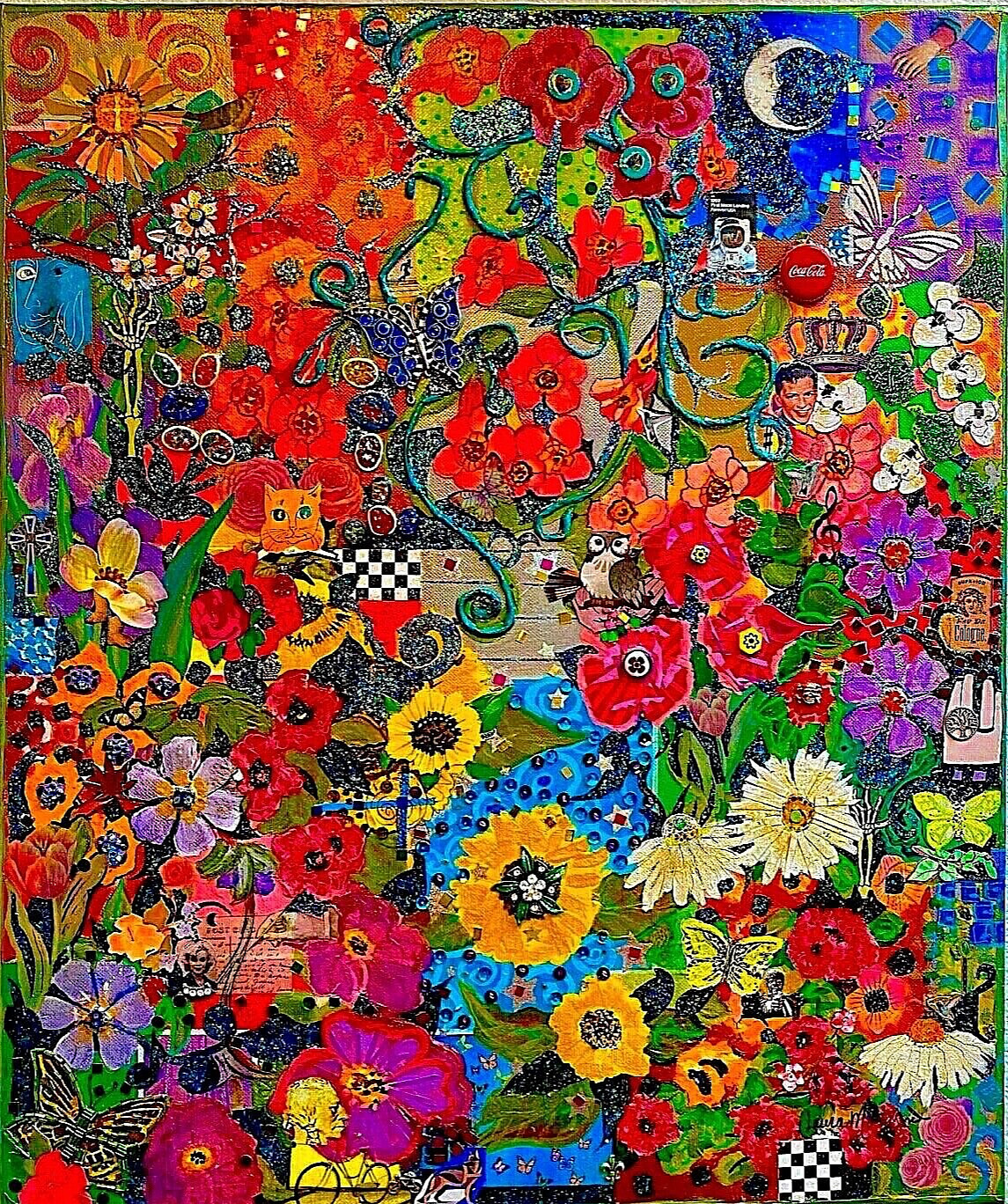«GARDEN PARTY» LAURA MOSTAGHEL MIXED MEDIA COLLAGE ASSEMBLAGE ON CANVAS 20″X24″