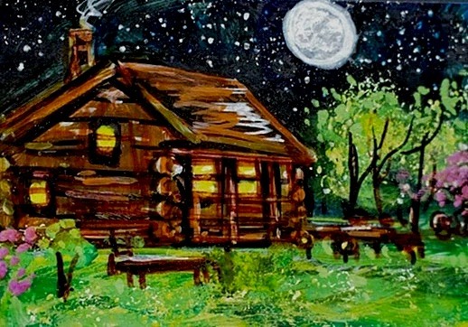 ACEO Original PAINTING Spring TREE Night Sky Moon CABIN Nature Landscape ATC ART
