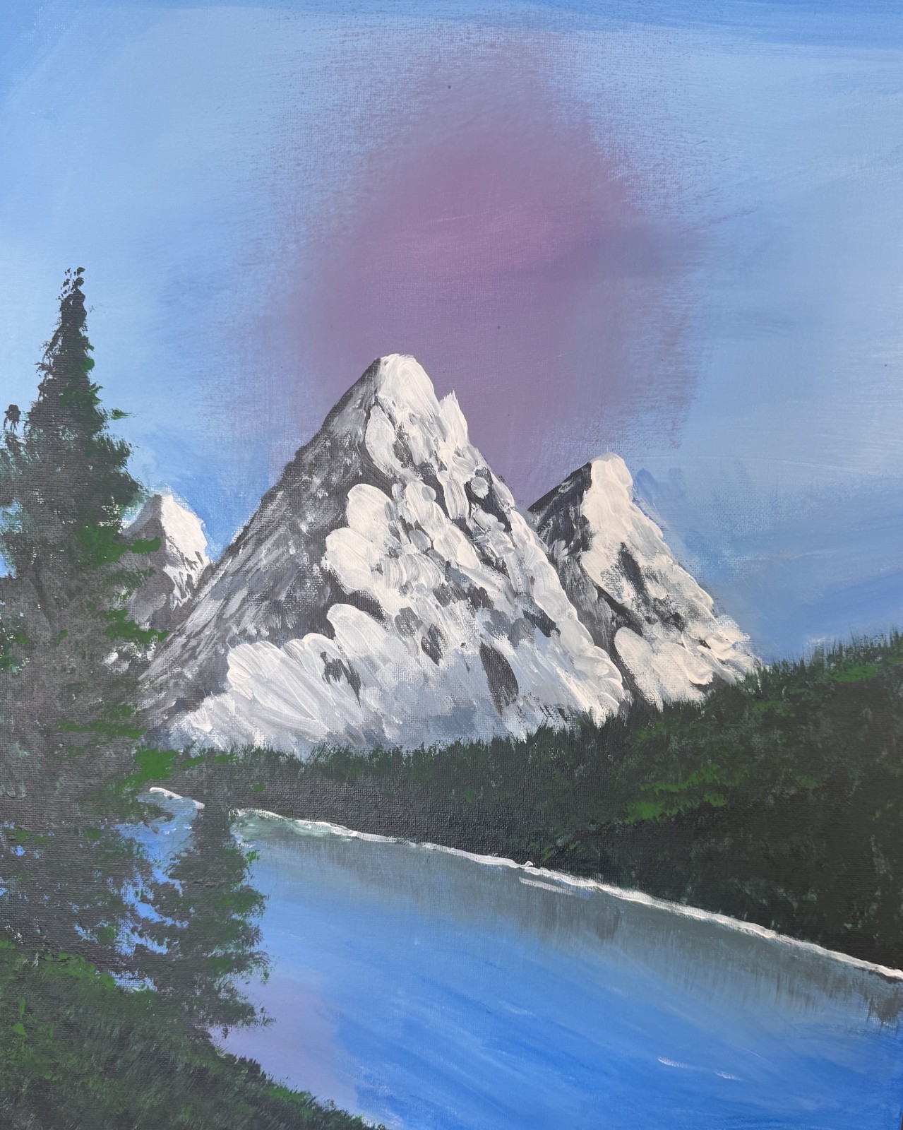 Snow mountains, forest and a river 20×16
