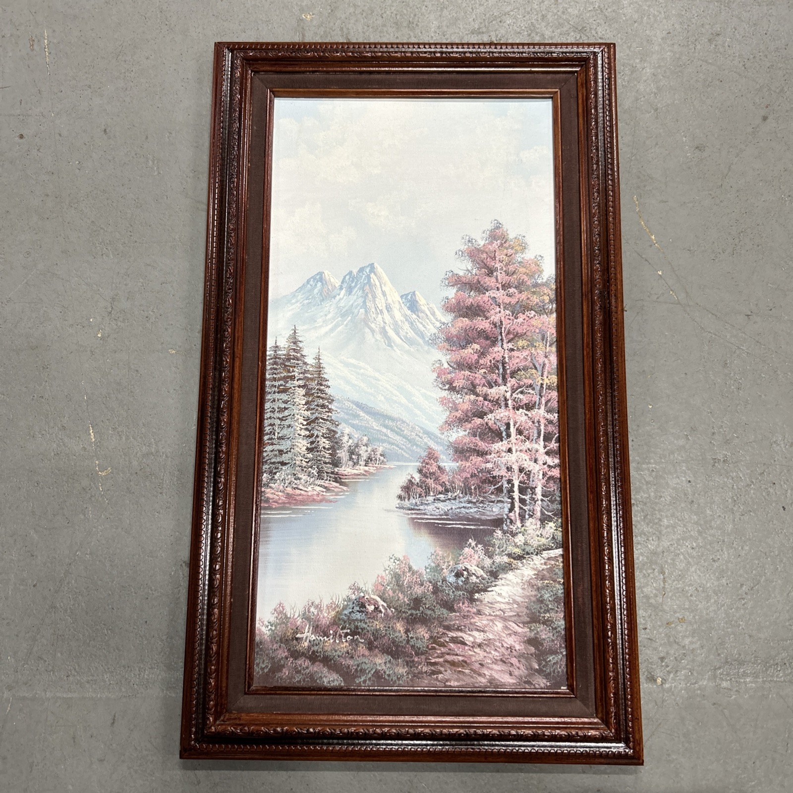 Original Painting Pink Blue Landscape On Canvas Hamilton Framed 29×17”