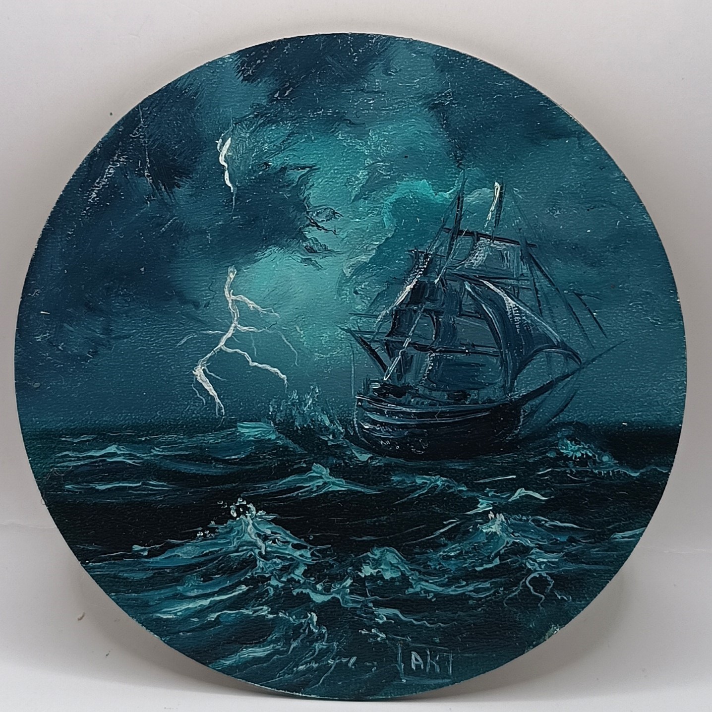 Original Ship in Storm Painting Small Round Seascape Nautical Lightning Artwork