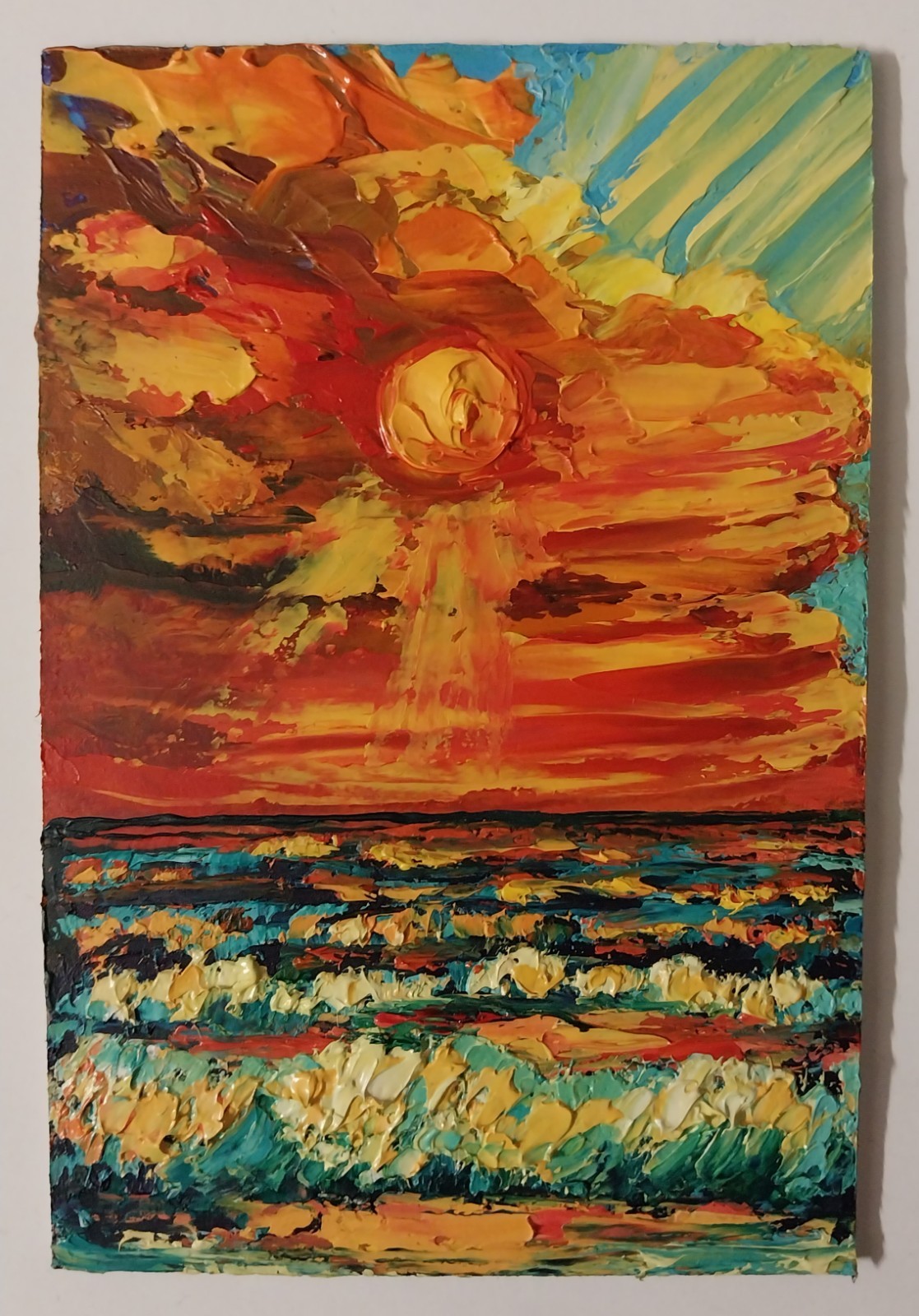 Framed Small Seascape Bright Sunset Sky Art 4×6” Impasto Original Oil Painting