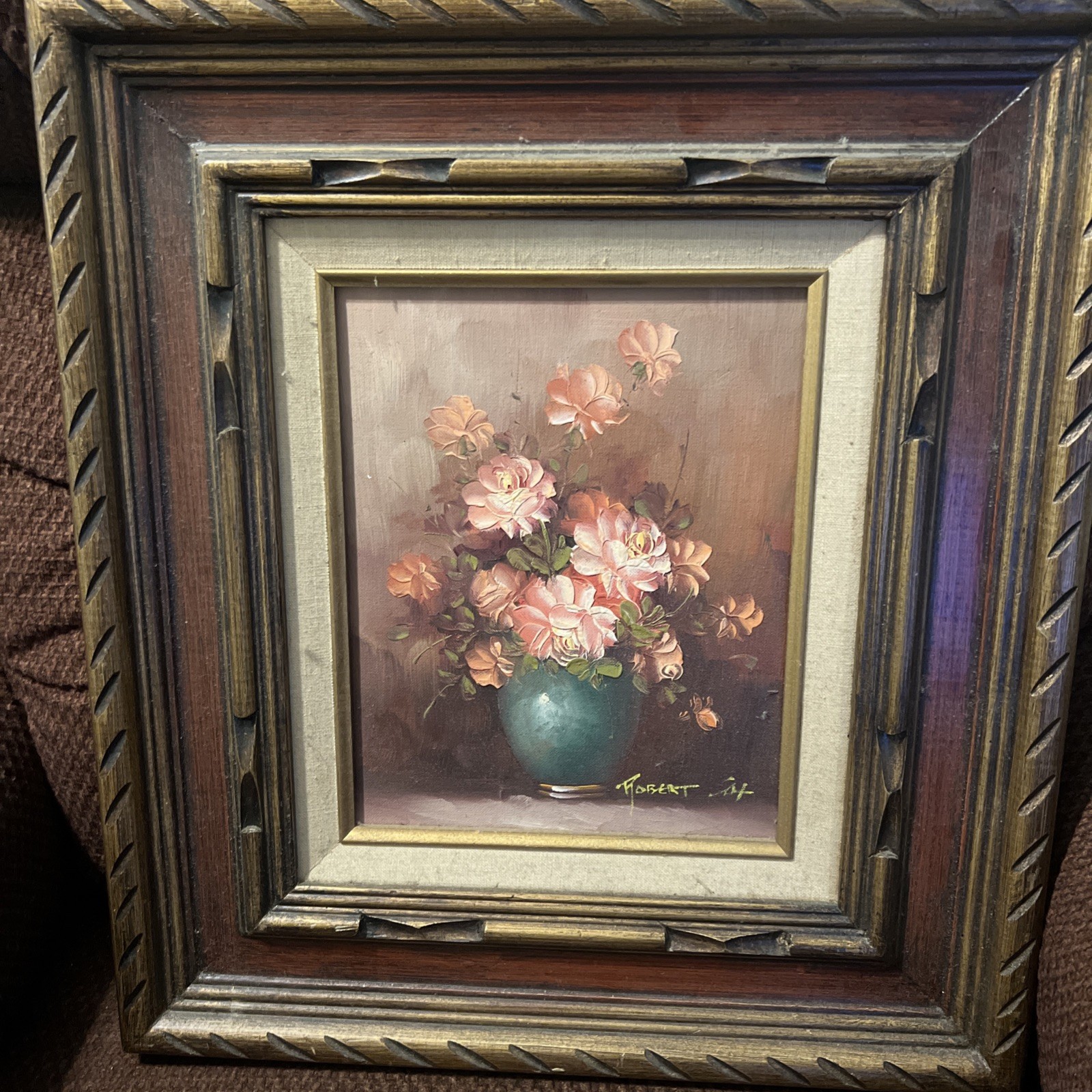 Robert Cox Medium Oil Painting Pink Flowers In Pink Vase Signed 16×18 Frame