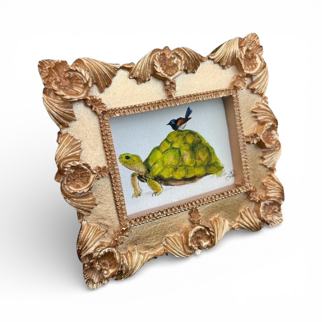 Turtle & Fairy Wren watercolor print of original painting in mini ornate frame