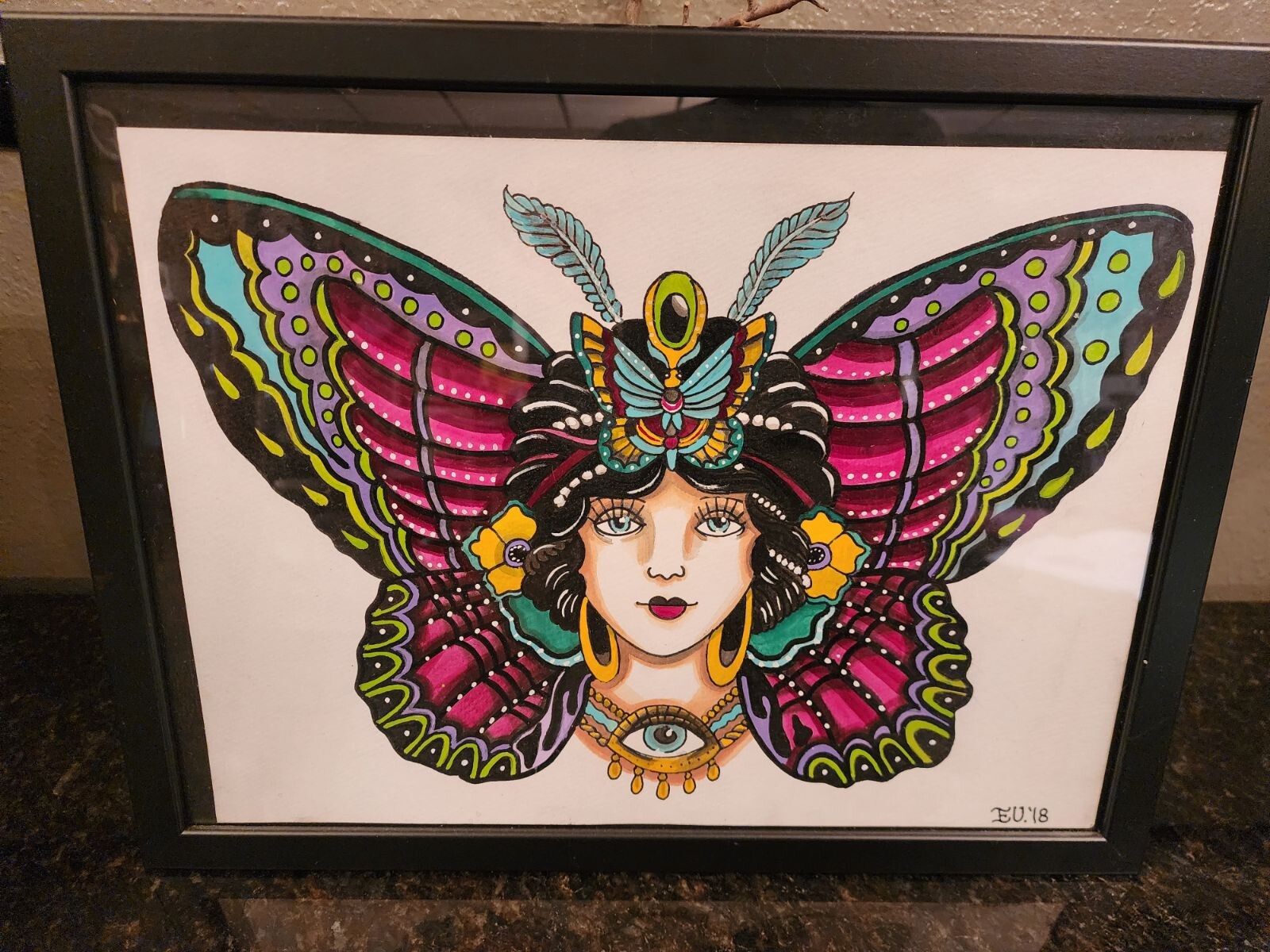 Gypsy Moth Girl ORIGINAL PAINTING Framed Signed Tattoo Style Gift