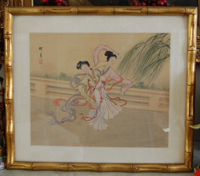 VINTAGE SIGNED MATTED FRAMED WATERCOLOR ON SILK CHINESE LADIES OF COURT DANCING