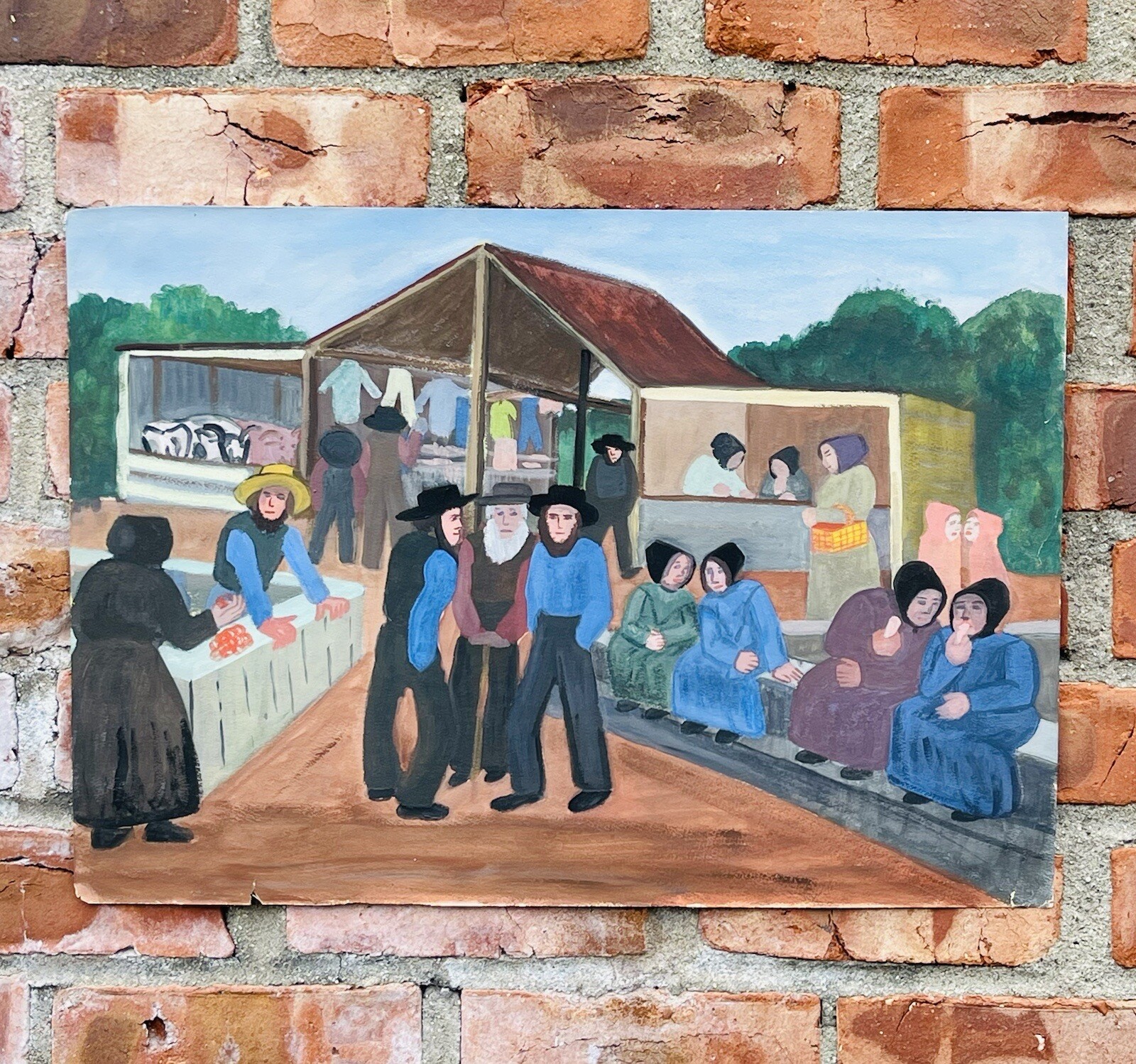 New York. Maine. Modernist Artist Jo Levy Painting. Amish Market Scene Signed JL